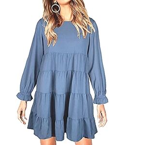 Summer Tiered Ruffle Smocked Denim Blue Flowy Top  Short Dress